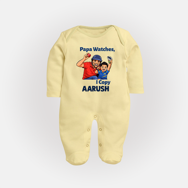 Papa Watches I Copy FULL BODY SUIT – Father & Son Cricket Outfit - PASTEL YELLOW - New Born (Chest 7.5")
