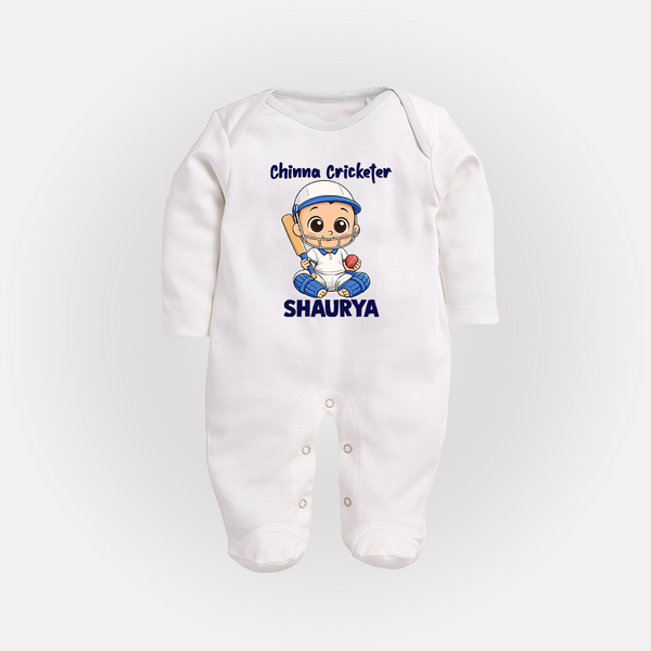 Chinna Cricketer FULL BODY SUIT - WHITE - New Born (Chest 7.5")
