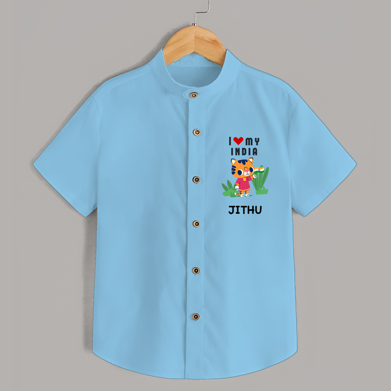 I love India - Patriotic Tiger Customized Shirt For Kids - SKY BLUE - 0 - 6 Months Old (Chest 23")