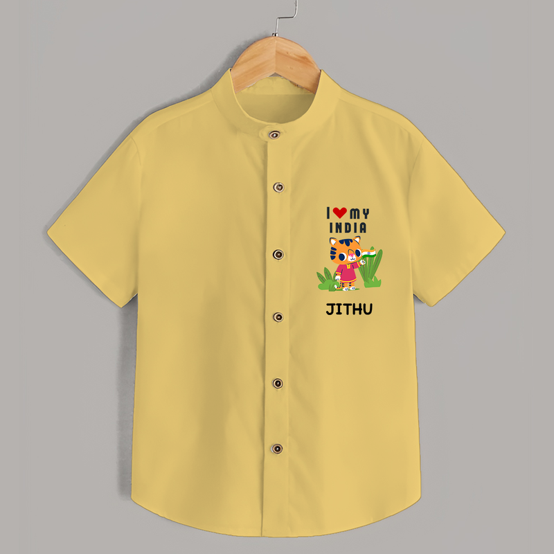 I love India - Patriotic Tiger Customized Shirt For Kids - YELLOW - 0 - 6 Months Old (Chest 23")