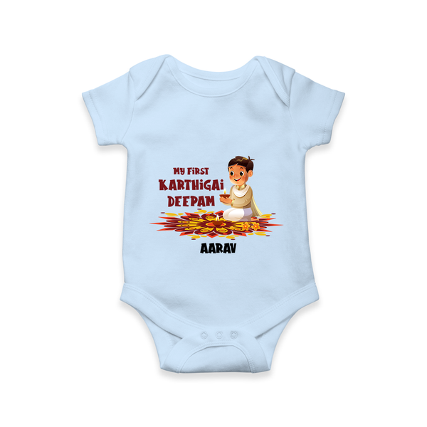 Customized My First Karthigai Deepam Imprinted Romper With Name For Babies - BABY BLUE - 0 - 3 Months Old (Chest 16")