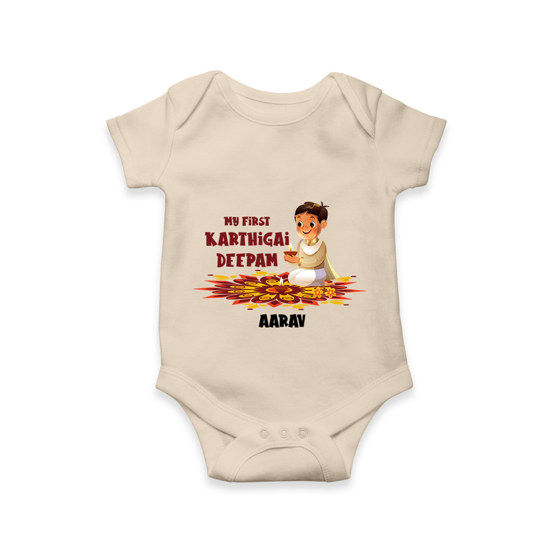 Customized My First Karthigai Deepam Imprinted Romper With Name For Babies - IVORY - 0 - 3 Months Old (Chest 16")