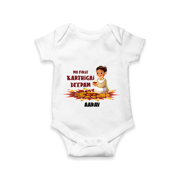 Customized My First Karthigai Deepam Imprinted Romper With Name For Babies - WHITE - 0 - 3 Months Old (Chest 16")