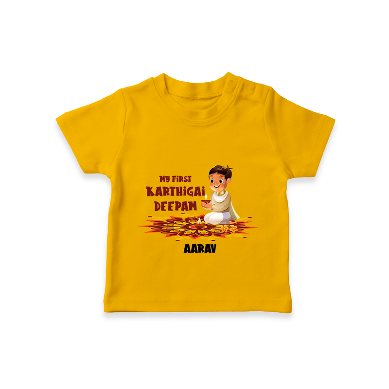 Customized My First Karthigai Deepam Imprinted T-Shirt With Name For Kids - CHROME YELLOW - 0-5 Months Old (Chest 17")