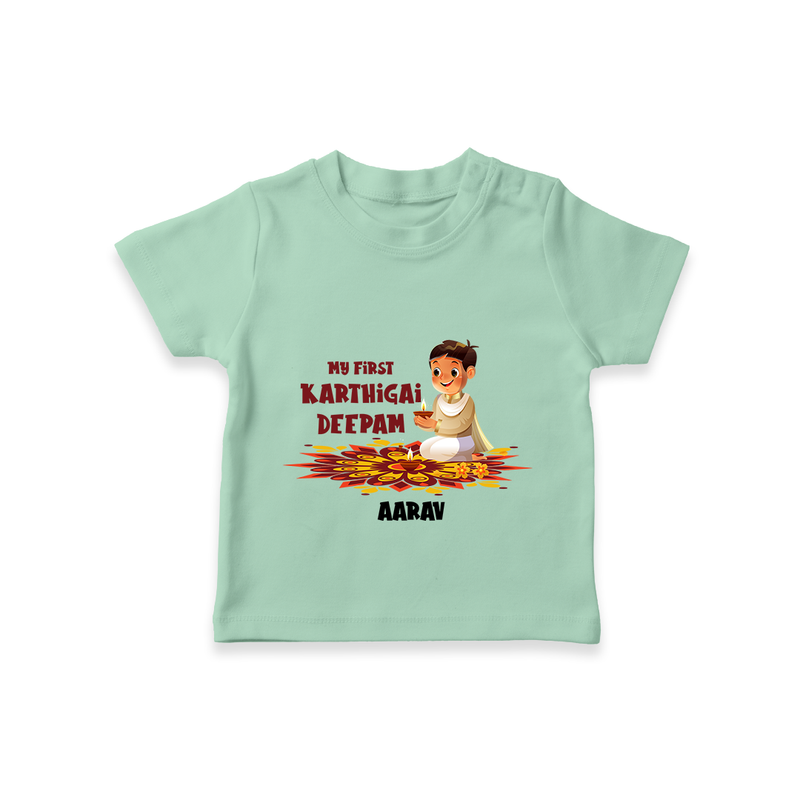 Customized My First Karthigai Deepam Imprinted T-Shirt With Name For Kids - MINT GREEN - 0-5 Months Old (Chest 17")