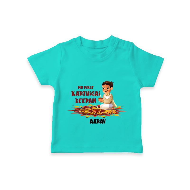 Customized My First Karthigai Deepam Imprinted T-Shirt With Name For Kids - TEAL - 0-5 Months Old (Chest 17")