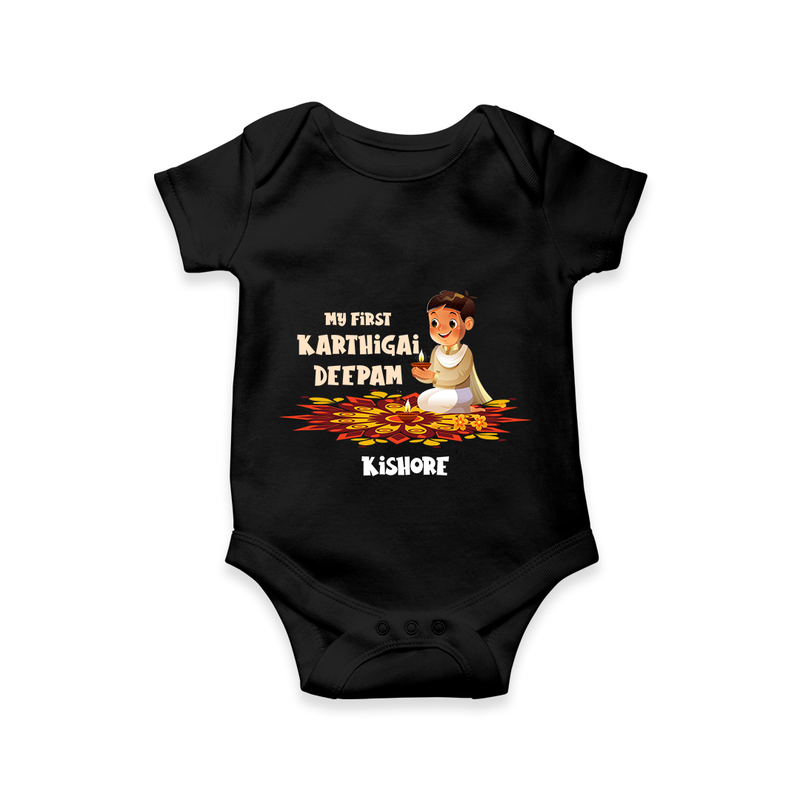 Customized My First Karthigai Deepam Imprinted Romper With Name For Babies - BLACK - 0 - 3 Months Old (Chest 16")