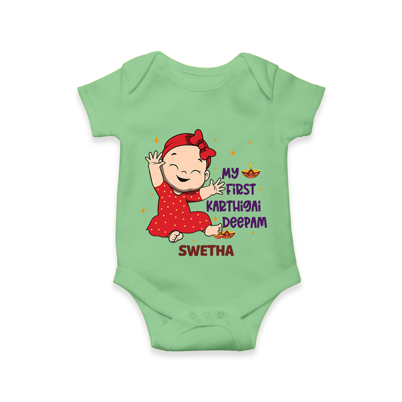 My 1st Karthigai Deepam - Cute Imprinted Romper With Name For Babies - GREEN - 0 - 3 Months Old (Chest 16")