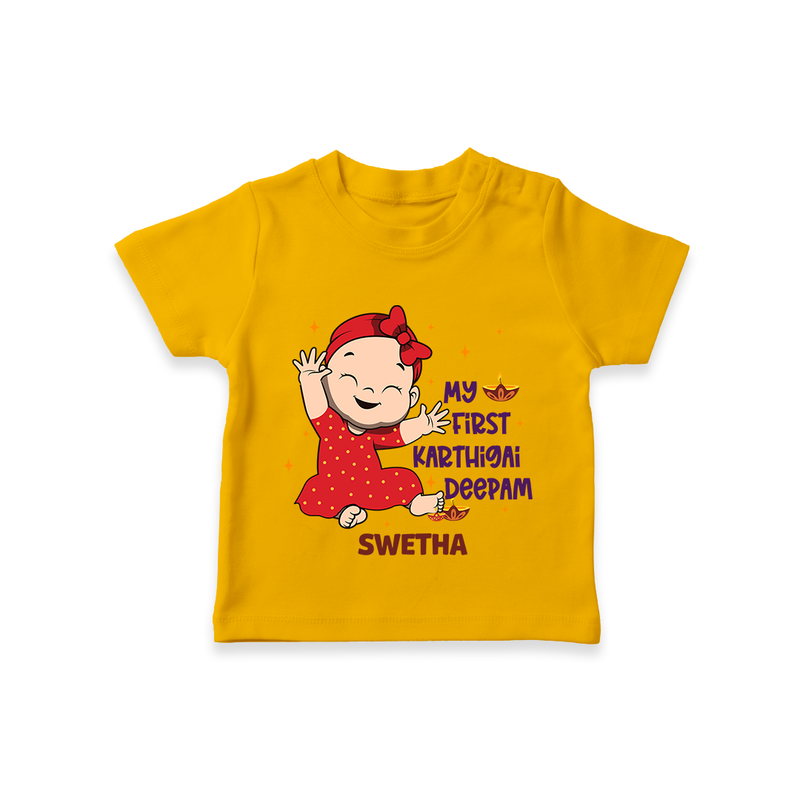 My 1st Karthigai Deepam - Cute Imprinted T-Shirt With Name For Kids - CHROME YELLOW - 0-5 Months Old (Chest 17")