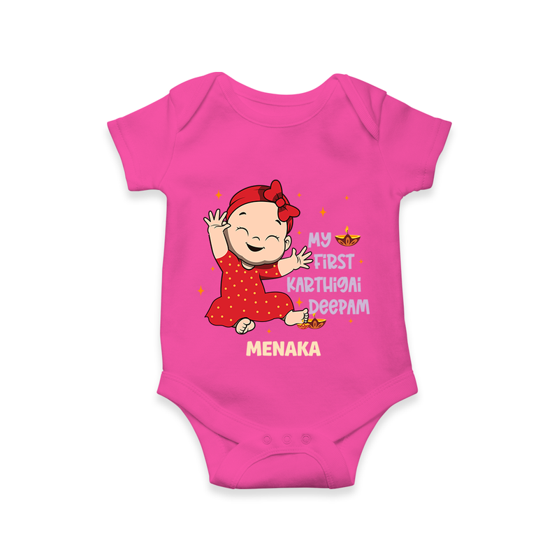 My 1st Karthigai Deepam - Cute Imprinted Romper With Name For Babies - HOT PINK - 0 - 3 Months Old (Chest 16")