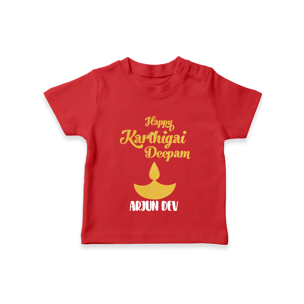 Happy Karthigai Deepam - Customized T-Shirt For Kids With Name - RED - 0-5 Months Old (Chest 17")