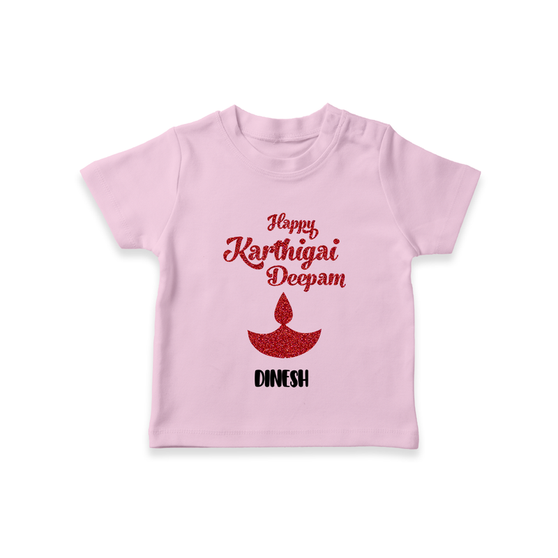 Happy Karthigai Deepam - Customized T-Shirt For Kids With Name - PINK - 0-5 Months Old (Chest 17")