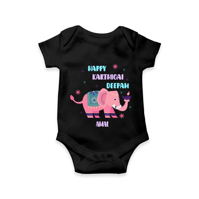 Happy Karthigai Deepam - Custom-Made Romper For Babies With Name - BLACK - 0 - 3 Months Old (Chest 16")