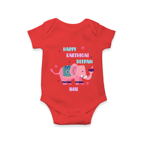 Happy Karthigai Deepam - Custom-Made Romper For Babies With Name - RED - 0 - 3 Months Old (Chest 16")