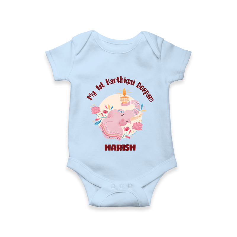 My 1st Karthigai Deepam - Cute Imprinted Karthigai Deepam Romper With Name For Babies - BABY BLUE - 0 - 3 Months Old (Chest 16")