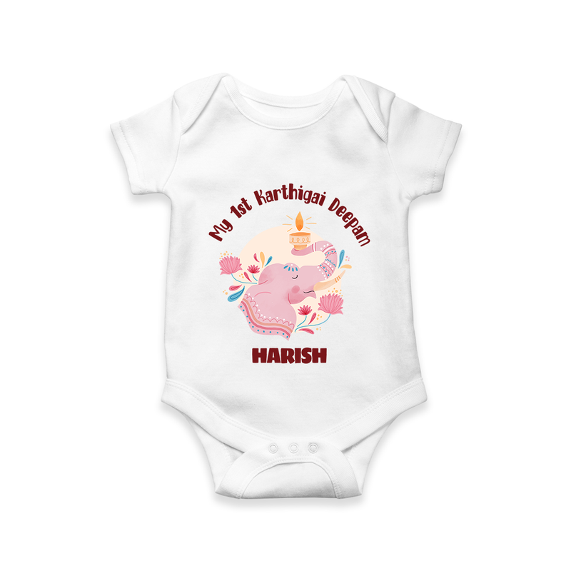 My 1st Karthigai Deepam - Cute Imprinted Karthigai Deepam Romper With Name For Babies - WHITE - 0 - 3 Months Old (Chest 16")