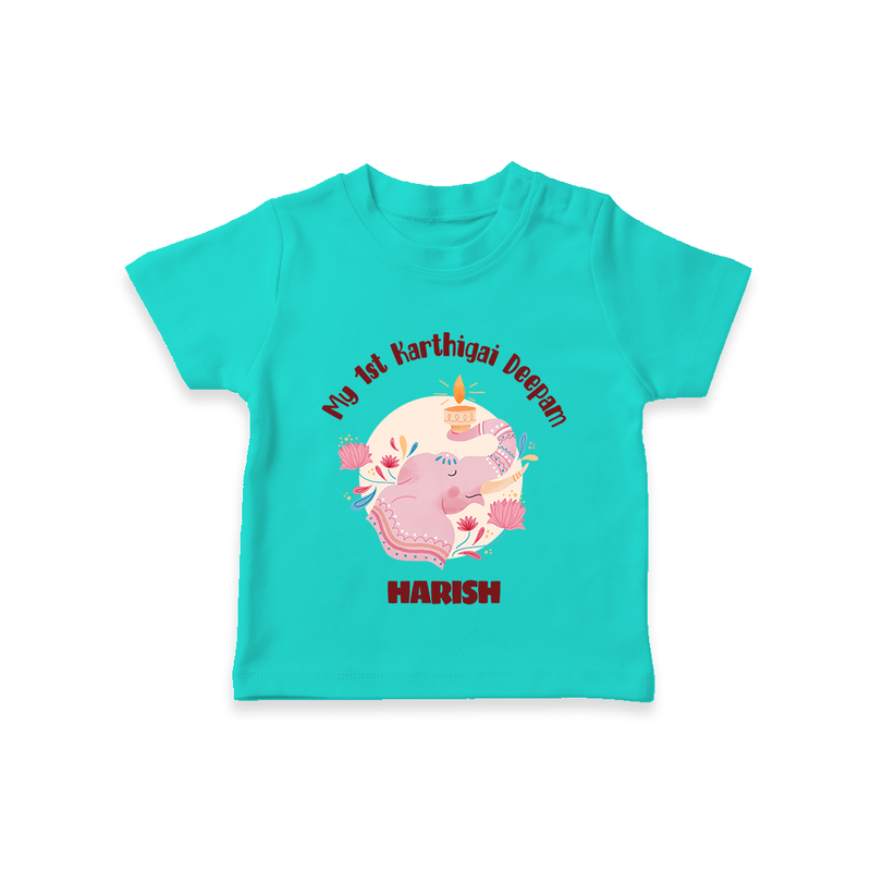 My 1st Karthigai Deepam - Cute Imprinted Karthigai Deepam T-Shirt With Name For Kids - TEAL - 0-5 Months Old (Chest 17")