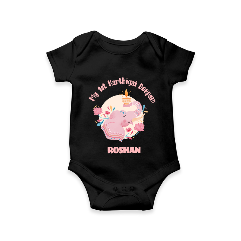 My 1st Karthigai Deepam - Cute Imprinted Karthigai Deepam Romper With Name For Babies - BLACK - 0 - 3 Months Old (Chest 16")