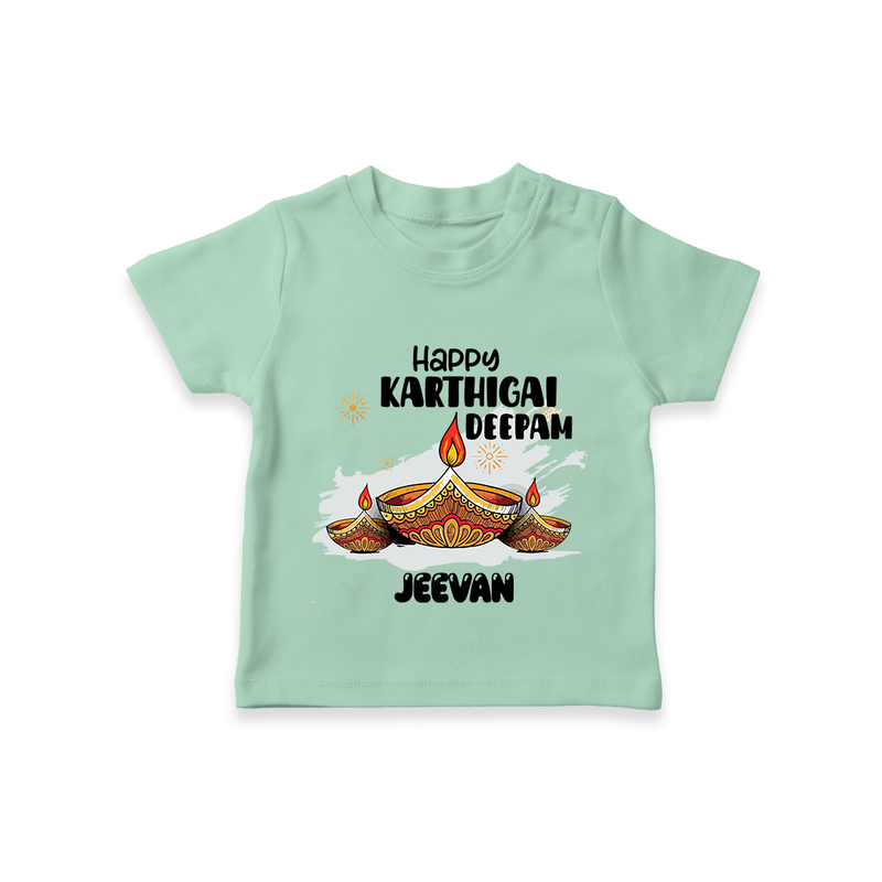 Happy Karthigai Deepam Ð Glow Bright: Customized Kids T-Shirt with Name - MINT GREEN - 0-5 Months Old (Chest 17")