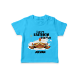 Happy Karthigai Deepam Ð Glow Bright: Customized Kids T-Shirt with Name - SKY BLUE - 0-5 Months Old (Chest 17")