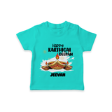 Happy Karthigai Deepam Ð Glow Bright: Customized Kids T-Shirt with Name - TEAL - 0-5 Months Old (Chest 17")