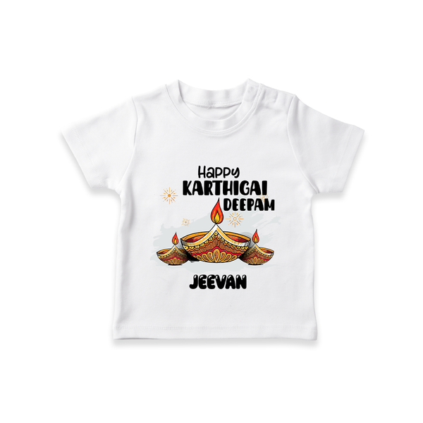 Happy Karthigai Deepam Ð Glow Bright: Customized Kids T-Shirt with Name - WHITE - 0-5 Months Old (Chest 17")