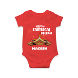 Happy Karthigai Deepam Ð Glow Bright: Customized Romper with Name - RED - 0 - 3 Months Old (Chest 16")