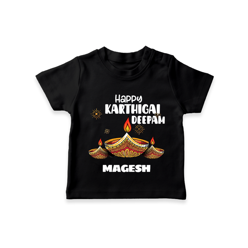 Happy Karthigai Deepam Ð Glow Bright: Customized Kids T-Shirt with Name - BLACK - 0-5 Months Old (Chest 17")