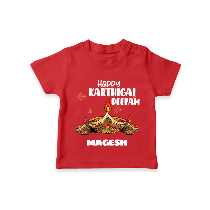 Happy Karthigai Deepam Ð Glow Bright: Customized Kids T-Shirt with Name - RED - 0-5 Months Old (Chest 17")