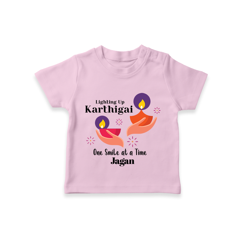 Happy Karthigai Deepam Ð Lighting Smiles: Custom T-Shirt For Kids with Name - PINK - 0-5 Months Old (Chest 17")