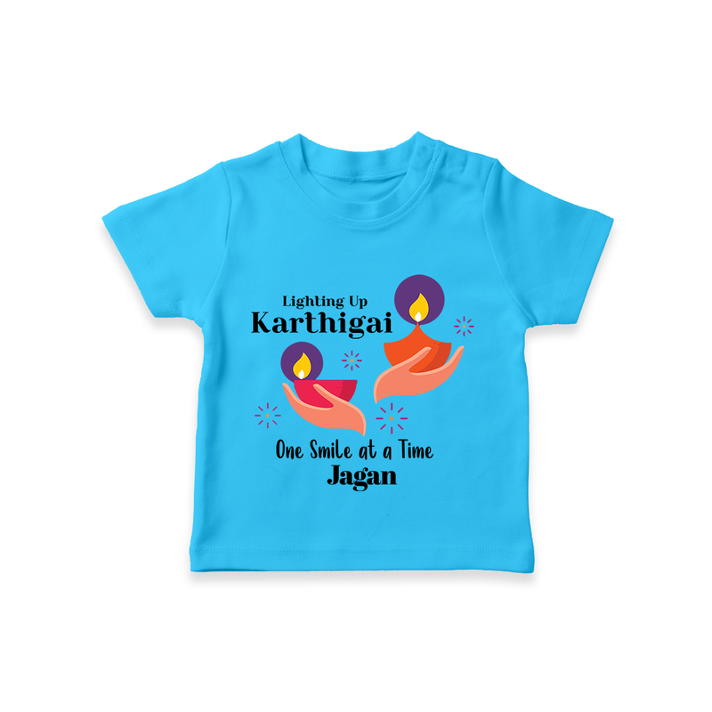 Happy Karthigai Deepam Ð Lighting Smiles: Custom T-Shirt For Kids with Name - SKY BLUE - 0-5 Months Old (Chest 17")