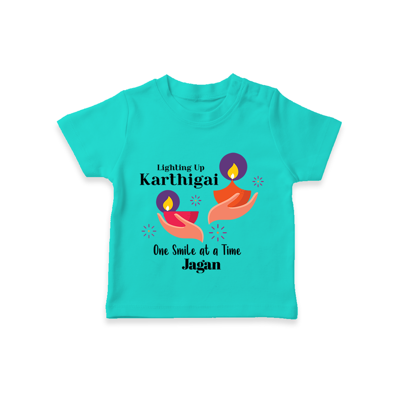 Happy Karthigai Deepam Ð Lighting Smiles: Custom T-Shirt For Kids with Name - TEAL - 0-5 Months Old (Chest 17")