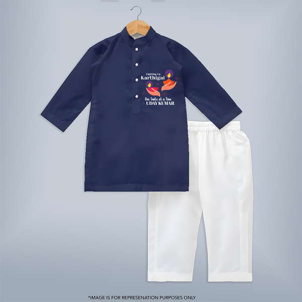 Happy Karthigai Deepam Ð Lighting Smiles: Custom Kurta Set For Kids with Name - NAVY BLUE - 3 - 6 Months Old (Chest 24", Kurta Length 14'', Waist 19", Pant Length 14")