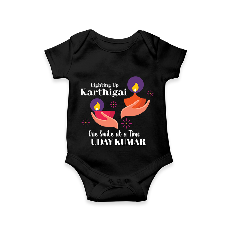 Happy Karthigai Deepam Ð Lighting Smiles: Custom Romper For Babies with Name - BLACK - 0 - 3 Months Old (Chest 16")