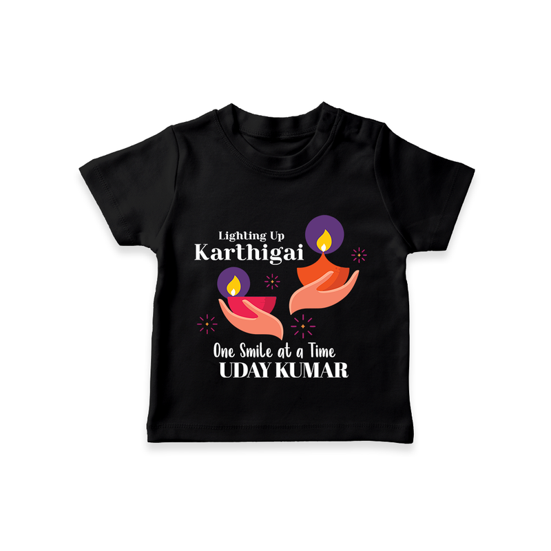 Happy Karthigai Deepam Ð Lighting Smiles: Custom T-Shirt For Kids with Name - BLACK - 0-5 Months Old (Chest 17")