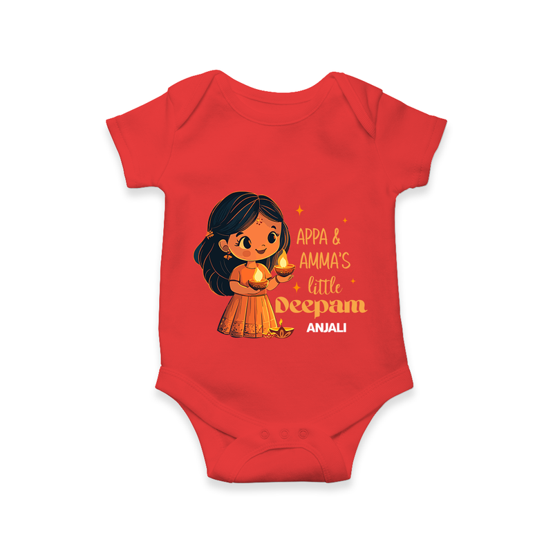 Appa And Amma's Little Deepam  - Customized Romper For Babies With Name - RED - 0 - 3 Months Old (Chest 16")