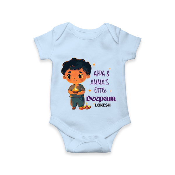 Appa & Amma's Little Deepam  - Customized Romper For Babies With Name - BABY BLUE - 0 - 3 Months Old (Chest 16")