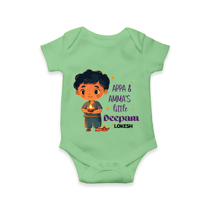 Appa & Amma's Little Deepam  - Customized Romper For Babies With Name - GREEN - 0 - 3 Months Old (Chest 16")