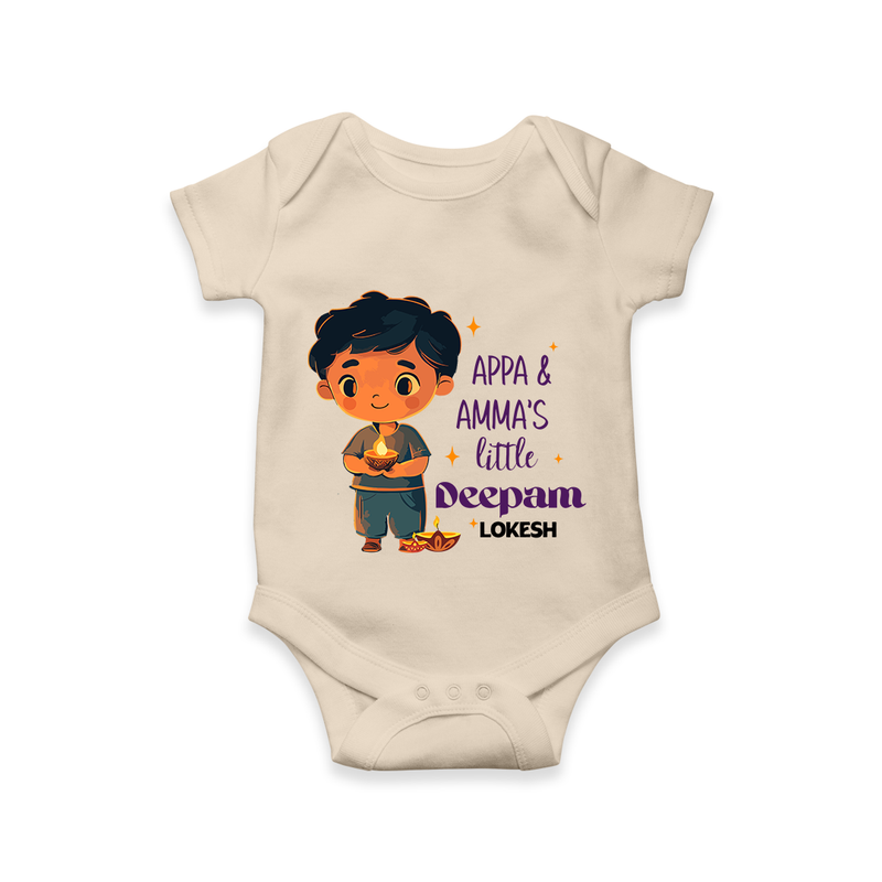 Appa & Amma's Little Deepam  - Customized Romper For Babies With Name - IVORY - 0 - 3 Months Old (Chest 16")