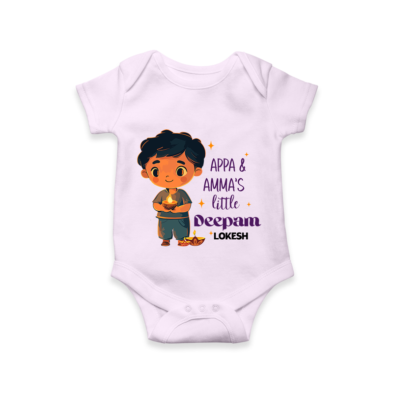 Appa & Amma's Little Deepam  - Customized Romper For Babies With Name - LILAC - 0 - 3 Months Old (Chest 16")