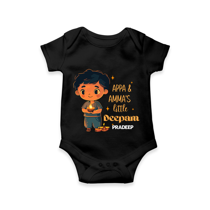 Appa & Amma's Little Deepam  - Customized Romper For Babies With Name - BLACK - 0 - 3 Months Old (Chest 16")