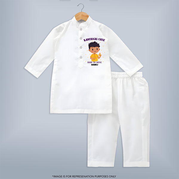 "Karthigai Cutie - Born To Shine" - Customized Kurta Set For Kids With Name - WHITE - 3 - 6 Months Old (Chest 24", Kurta Length 14'', Waist 19", Pant Length 14")