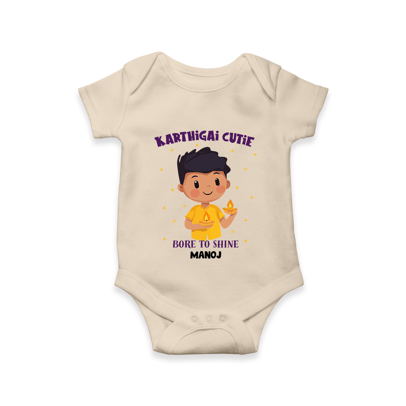 "Karthigai Cutie - Born To Shine" - Customized Romper For Babies With Name - IVORY - 0 - 3 Months Old (Chest 16")