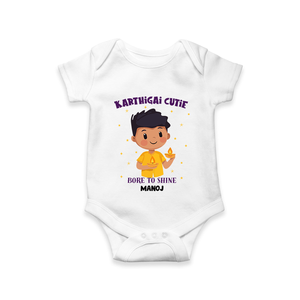 "Karthigai Cutie - Born To Shine" - Customized Romper For Babies With Name - WHITE - 0 - 3 Months Old (Chest 16")