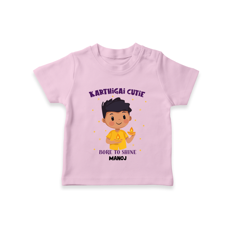 "Karthigai Cutie - Born To Shine" - Customized T-Shirt For Kids With Name - PINK - 0-5 Months Old (Chest 17")