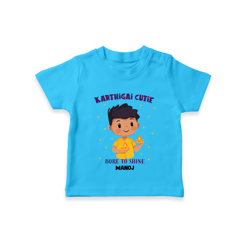 "Karthigai Cutie - Born To Shine" - Customized T-Shirt For Kids With Name - SKY BLUE - 0-5 Months Old (Chest 17")