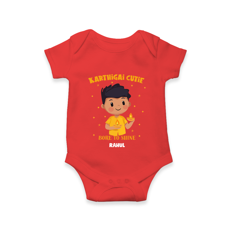 "Karthigai Cutie - Born To Shine" - Customized Romper For Babies With Name - RED - 0 - 3 Months Old (Chest 16")