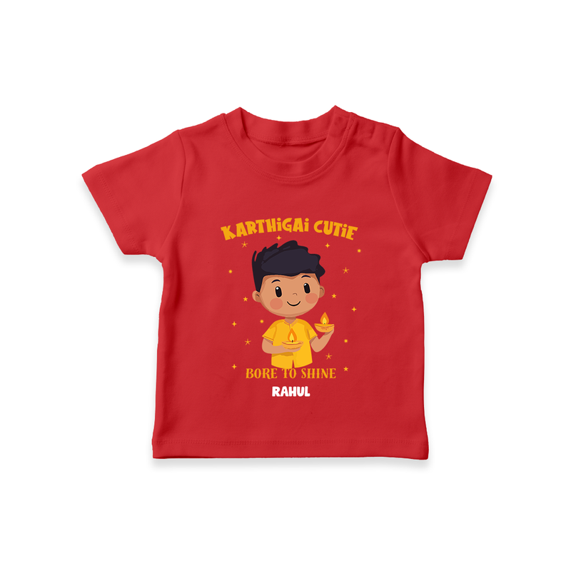 "Karthigai Cutie - Born To Shine" - Customized T-Shirt For Kids With Name - RED - 0-5 Months Old (Chest 17")