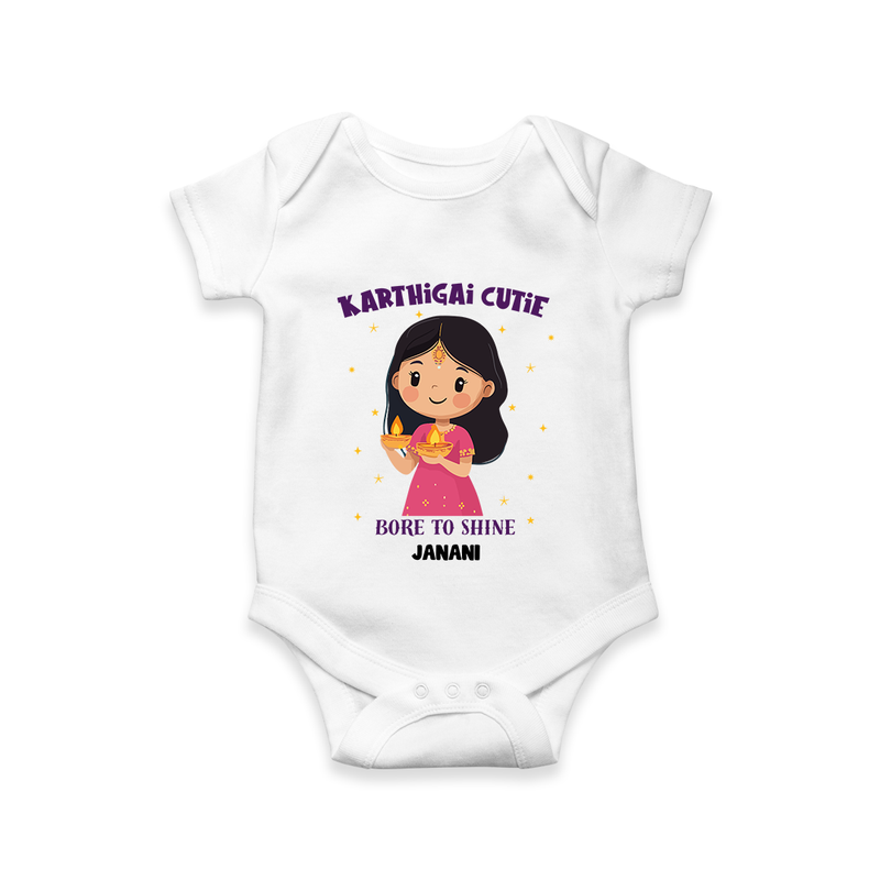 "Karthigai Cutie" - Customized Romper For Babies With Name - WHITE - 0 - 3 Months Old (Chest 16")