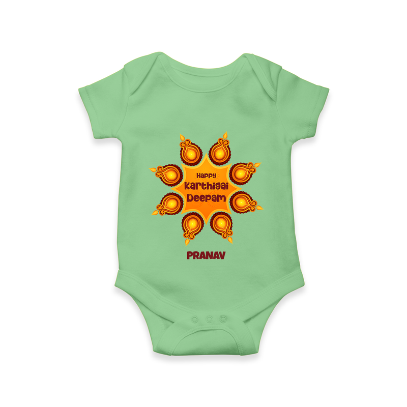 Happy Karthigai Deepam Ð Celebrate Bright: Romper For Babies With Customized Name - GREEN - 0 - 3 Months Old (Chest 16")